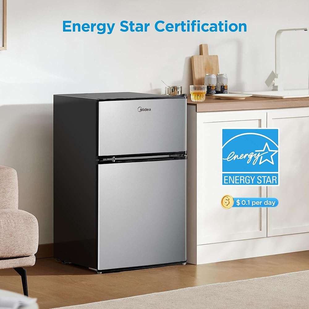 Midea WHD-113FSS1 Double Door Mini Fridge with Freezer for Bedroom Office or Dorm with Adjustable Remove Glass Shelves Compact Refrigerator, 3.1 cu ft, Stainless Steel - Image 5