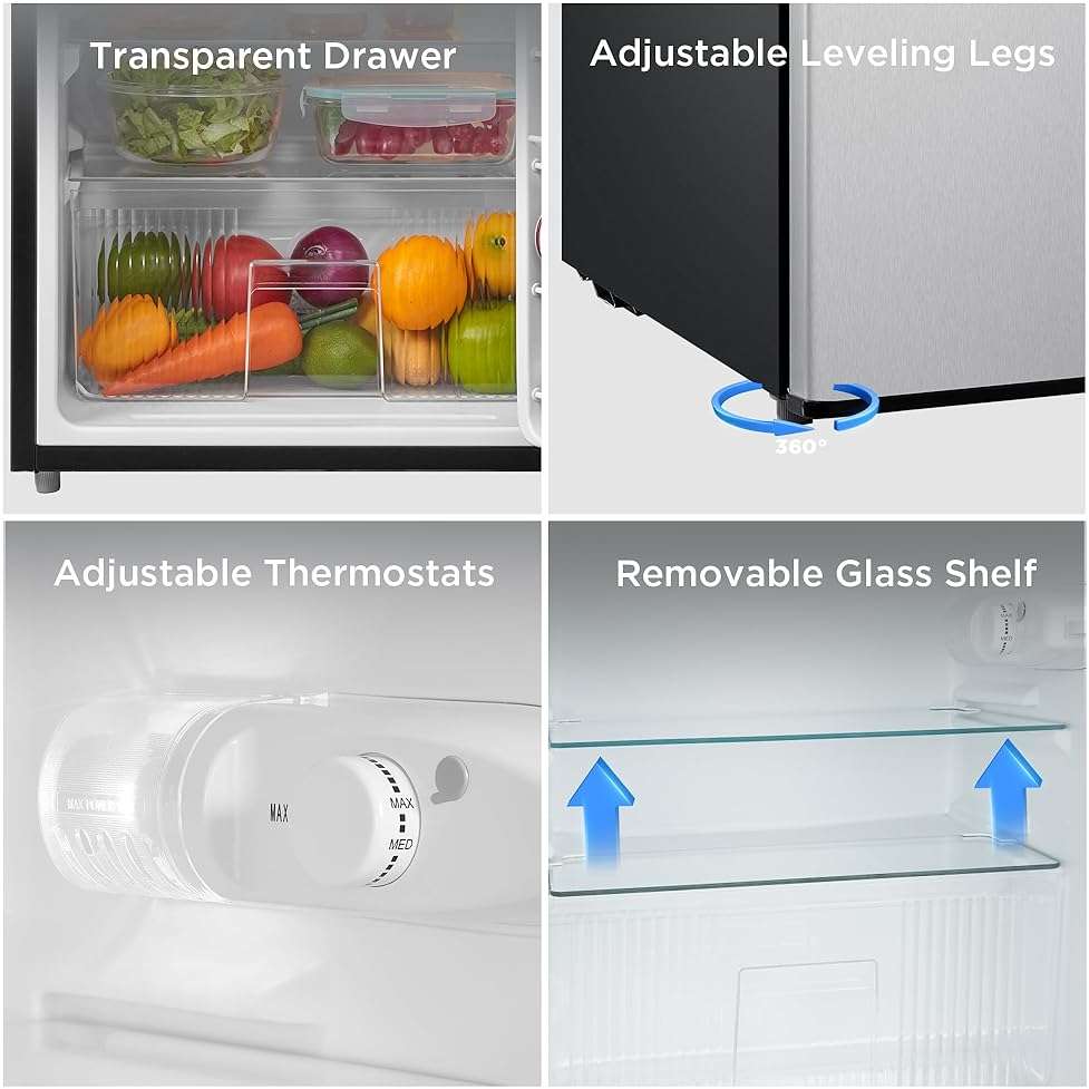 Midea WHD-113FSS1 Double Door Mini Fridge with Freezer for Bedroom Office or Dorm with Adjustable Remove Glass Shelves Compact Refrigerator, 3.1 cu ft, Stainless Steel - Image 7