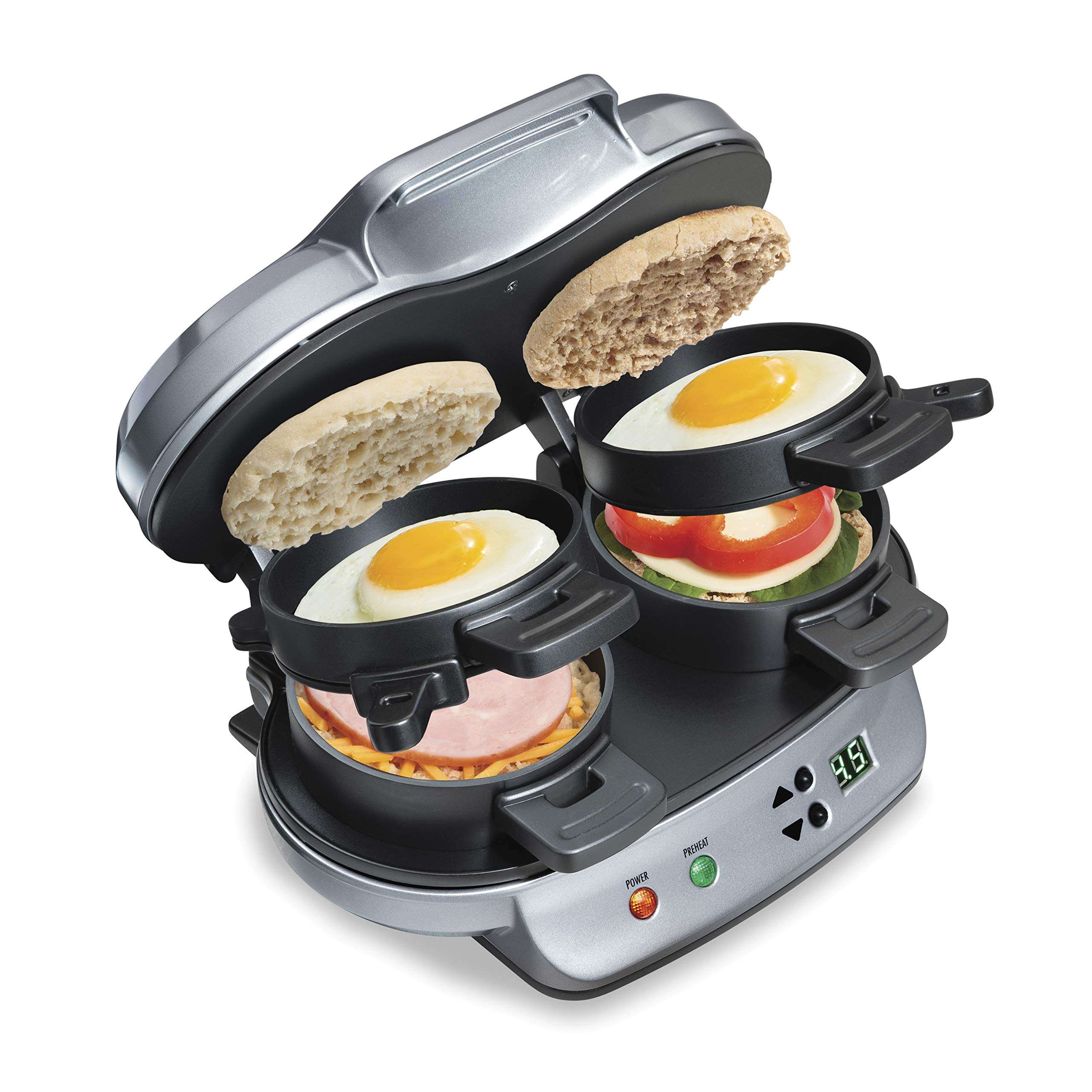 Hamilton Beach Dual Breakfast Sandwich Maker with Timer, Ready in 5 Minutes, Removable Dishwasher Safe PFAS-Free Non-Stick Egg Cooker Ring, Silver (25490MNA) - Image 1