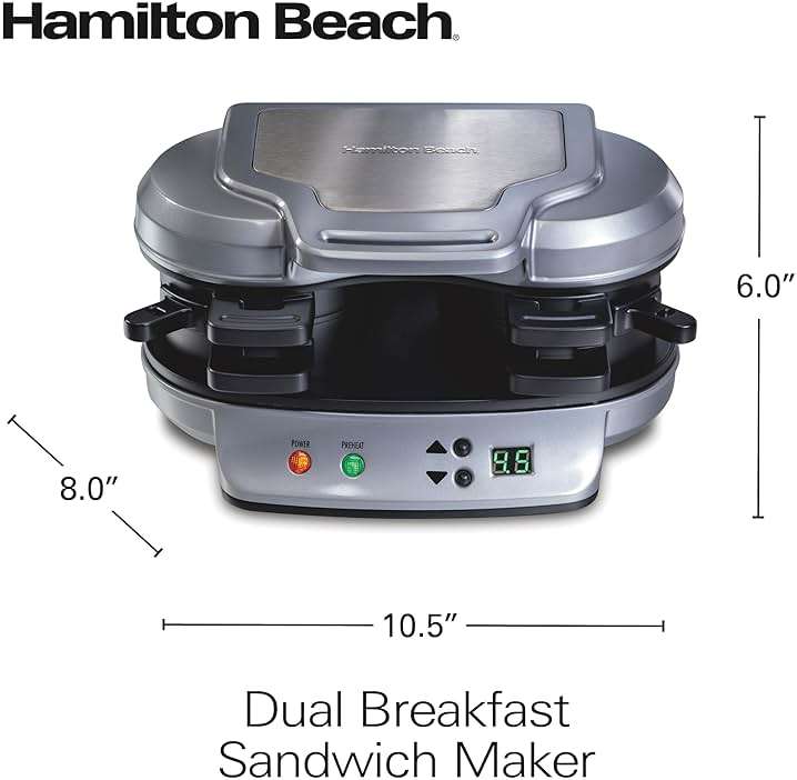 Hamilton Beach Dual Breakfast Sandwich Maker with Timer, Ready in 5 Minutes, Removable Dishwasher Safe PFAS-Free Non-Stick Egg Cooker Ring, Silver (25490MNA) - Image 2