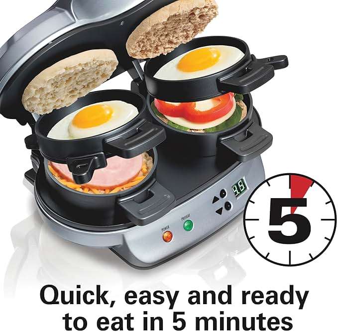Hamilton Beach Dual Breakfast Sandwich Maker with Timer, Ready in 5 Minutes, Removable Dishwasher Safe PFAS-Free Non-Stick Egg Cooker Ring, Silver (25490MNA) - Image 4