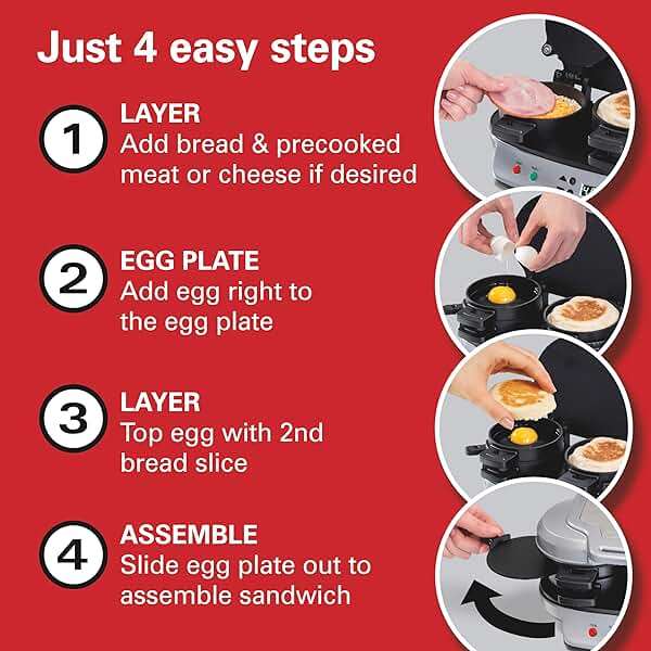 Hamilton Beach Dual Breakfast Sandwich Maker with Timer, Ready in 5 Minutes, Removable Dishwasher Safe PFAS-Free Non-Stick Egg Cooker Ring, Silver (25490MNA) - Image 8