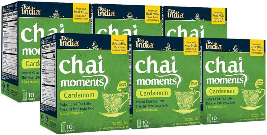 Tea India Chai Moments Cardamom Chai Tea Instant Latte Mix Flavorful Blend Of Premium Black Tea, Cardamom & Natural Ingredients Traditional Indian Tea Individually wrapped 10 Sachets Pack of 6 - Image 1