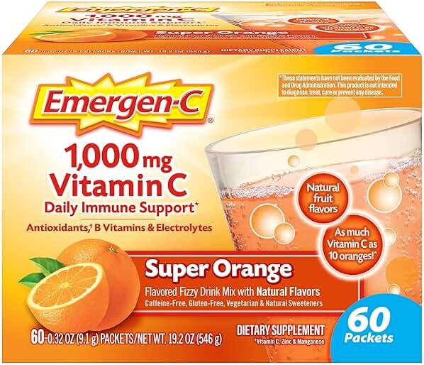Emergen-C 1000mg Vitamin C Powder for Daily Immune Support Caffeine Free Vitamin C Supplements with Zinc and Manganese, B Vitamins and Electrolytes, Super Orange Flavor - 60 Count/2 Month Supply - Image 1