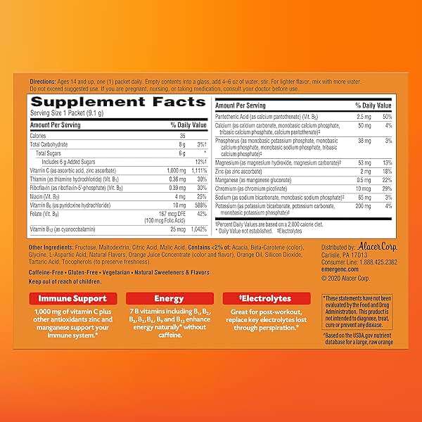 Emergen-C 1000mg Vitamin C Powder for Daily Immune Support Caffeine Free Vitamin C Supplements with Zinc and Manganese, B Vitamins and Electrolytes, Super Orange Flavor - 60 Count/2 Month Supply - Image 13