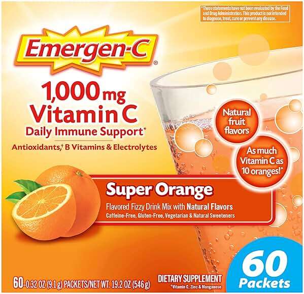 Emergen-C 1000mg Vitamin C Powder for Daily Immune Support Caffeine Free Vitamin C Supplements with Zinc and Manganese, B Vitamins and Electrolytes, Super Orange Flavor - 60 Count/2 Month Supply - Image 9