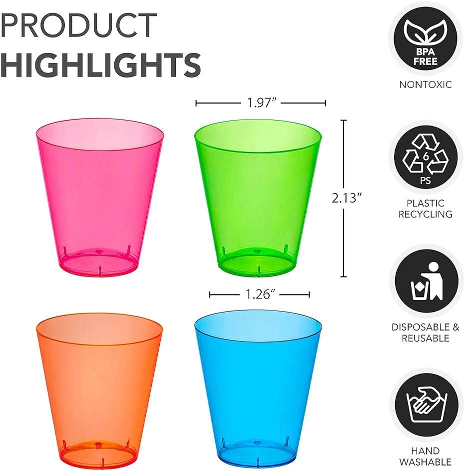 Party Essentials Hard Plastic 2-Ounce Shot/Shooter Glasses, 40-Count, Assorted Neon - Image 3
