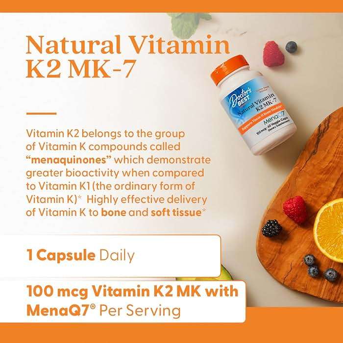 Doctor's Best Natural Vitamin K2 MK7 Supplement for Men & Women - Bone Health Support, 100 mcg Vitamin K-2 MK-7 Capsules with MenaQ7, Calcium Support, Non GMO, Vegan - 60 Veg Caps - Image 4