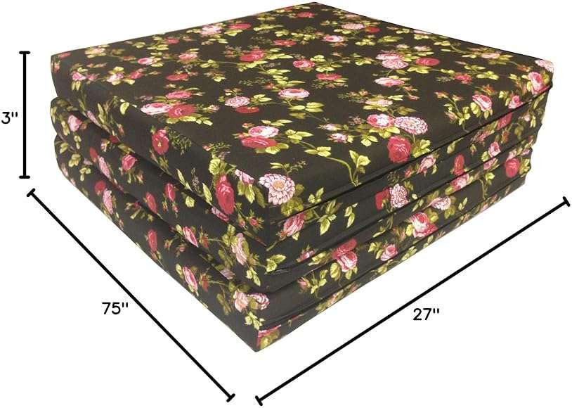 D&D Futon Furniture Trifold Foam Beds, Floor Tri-Fold Bed, Foldable Shikibuton Mattress Cushion Topper Mat for Space Saving Sleepover 3x27x75 in, Red Rose Black - Image 2
