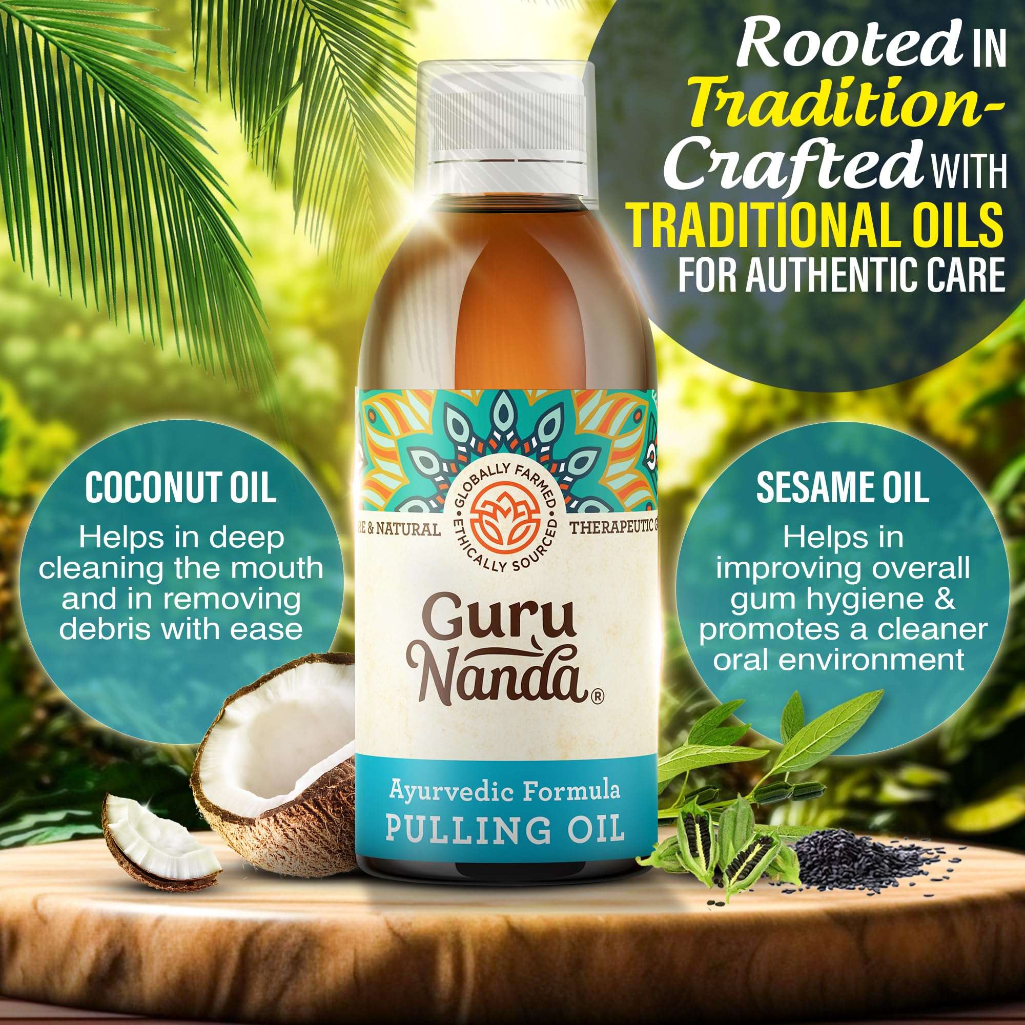 GuruNanda Original Oil Pulling Mouthwash, Promotes Deep Cleaning, with Coconut & Sesame for Teeth & Gum Health & Fresh Breath, with Tongue Scraper, Alcohol-Free, 8.45 Fl Oz - Image 3