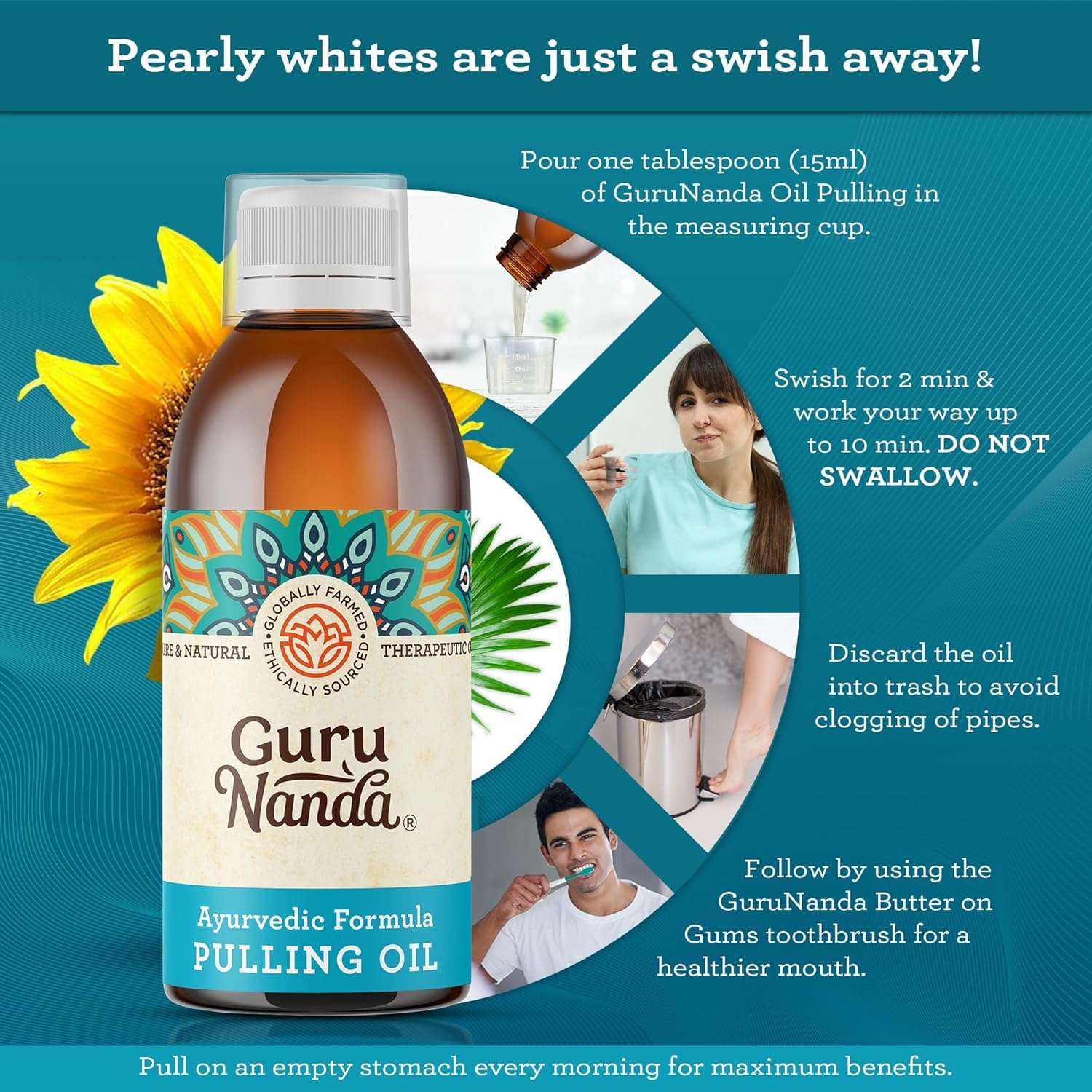 GuruNanda Original Oil Pulling Mouthwash, Promotes Deep Cleaning, with Coconut & Sesame for Teeth & Gum Health & Fresh Breath, with Tongue Scraper, Alcohol-Free, 8.45 Fl Oz - Image 7