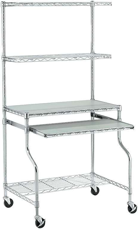 Nexel Commercial Wire Shelf Mobile Computer LAN Workstation, 31.5"W x 24"D x 63"H, Keyboard Tray, Adjustable, Castors, Chrome - Image 1