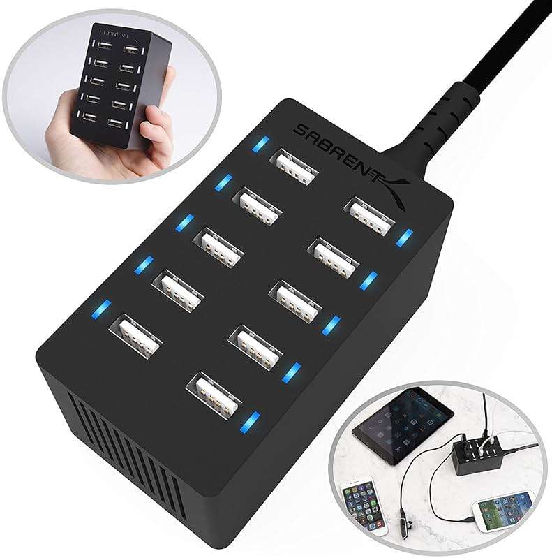 Sabrent 60 Watt (12 Amp) 10-Port [UL Certified] Family-Sized Desktop USB Rapid Charger. Smart USB Ports with Auto Detect Technology [Black] (AX-TPCS) - Image 2