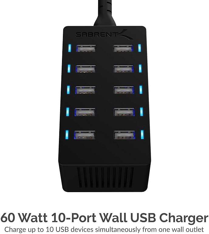 Sabrent 60 Watt (12 Amp) 10-Port [UL Certified] Family-Sized Desktop USB Rapid Charger. Smart USB Ports with Auto Detect Technology [Black] (AX-TPCS) - Image 3