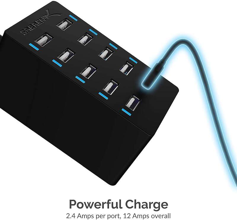 Sabrent 60 Watt (12 Amp) 10-Port [UL Certified] Family-Sized Desktop USB Rapid Charger. Smart USB Ports with Auto Detect Technology [Black] (AX-TPCS) - Image 4