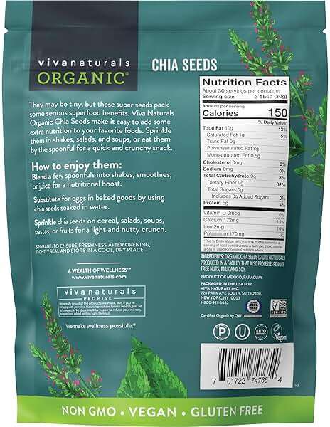 Viva Naturals Organic Chia Seeds, 2 lb, 32 Oz – Plant-Based Omega-3 and Vegan Protein, Gluten Free & Non-GMO, Perfect for Smoothies, Salads & Chia Pudding - Image 7