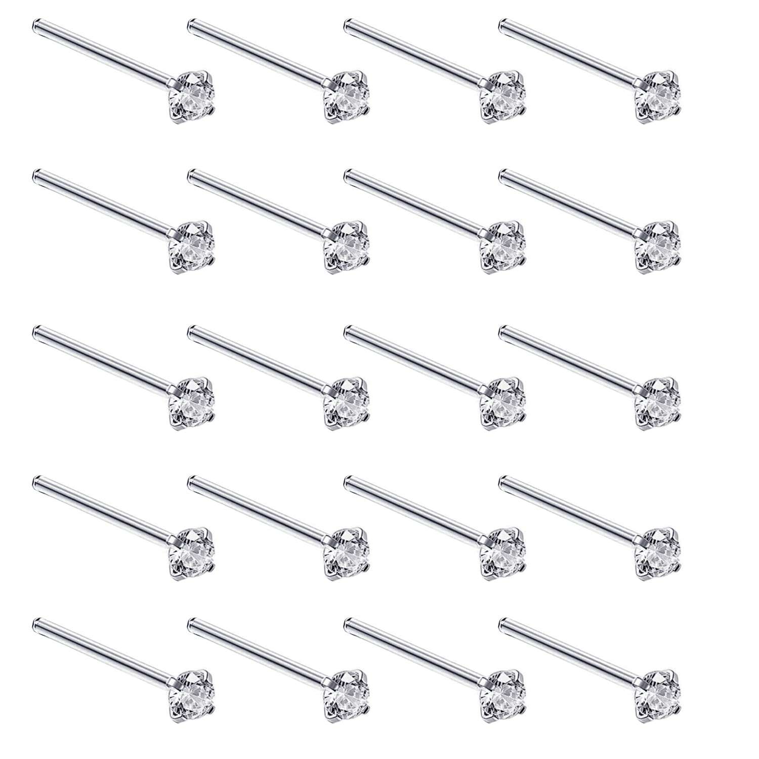 Silver Set of 20 Round Clear Simulated Diamond Nose Stud Box 1.5 mm Straight - Image 1