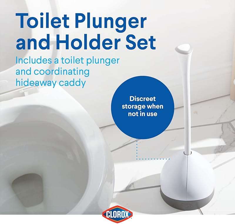 Clorox Toilet Plunger with Hideaway Holder Caddy Heavy-Duty Compact Design with Non-Skid Rubber Base for Bathroom Convenient Storage Toilet Unclogger, 6.5x19.5-Inch, White - Image 6