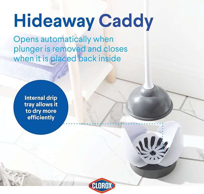 Clorox Toilet Plunger with Hideaway Holder Caddy Heavy-Duty Compact Design with Non-Skid Rubber Base for Bathroom Convenient Storage Toilet Unclogger, 6.5x19.5-Inch, White - Image 9
