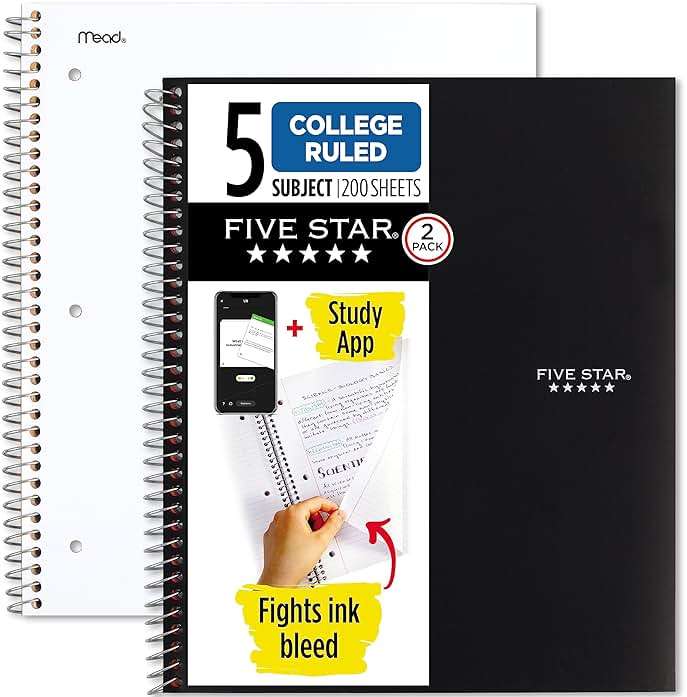 Five Star Spiral Notebooks Plus Study App, 2 Pack, 5 Subject, College Ruled Paper, 11" x 8-1/2", 200 Sheets, Black & White (73035) - Image 1