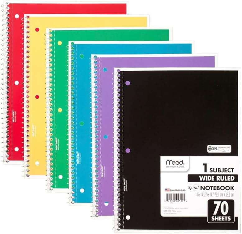 Mead Spiral Notebook, 6 Pack, 1 Subject, Wide Ruled Paper, 7-1/2" x 10-1/2", 70 Sheets per Notebook, Colors Will Vary (930201-ECM25) - Image 1