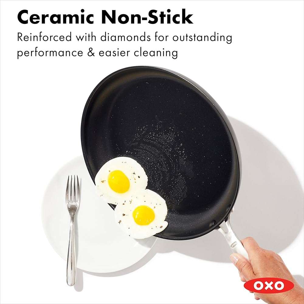 OXO Enhanced 12" Frying Pan Skillet, PFAS-Free Ceramic Nonstick, Durable Hard Anodized Cookware, Scratch Resistant, Stainless Steel Handle, Good Grips, Dishwasher & Oven safe, Black - Image 2