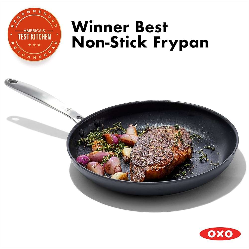 OXO Enhanced 12" Frying Pan Skillet, PFAS-Free Ceramic Nonstick, Durable Hard Anodized Cookware, Scratch Resistant, Stainless Steel Handle, Good Grips, Dishwasher & Oven safe, Black - Image 3