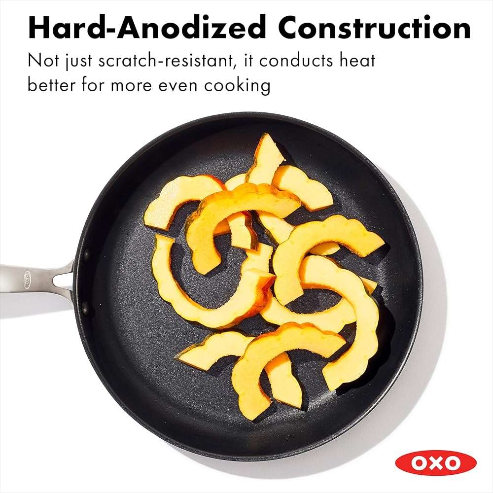 OXO Enhanced 12" Frying Pan Skillet, PFAS-Free Ceramic Nonstick, Durable Hard Anodized Cookware, Scratch Resistant, Stainless Steel Handle, Good Grips, Dishwasher & Oven safe, Black - Image 4