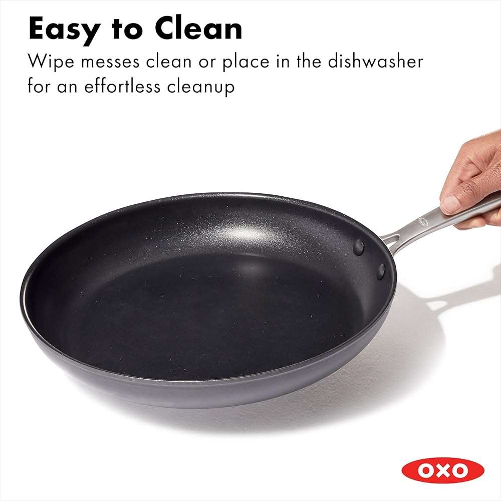OXO Enhanced 12" Frying Pan Skillet, PFAS-Free Ceramic Nonstick, Durable Hard Anodized Cookware, Scratch Resistant, Stainless Steel Handle, Good Grips, Dishwasher & Oven safe, Black - Image 6