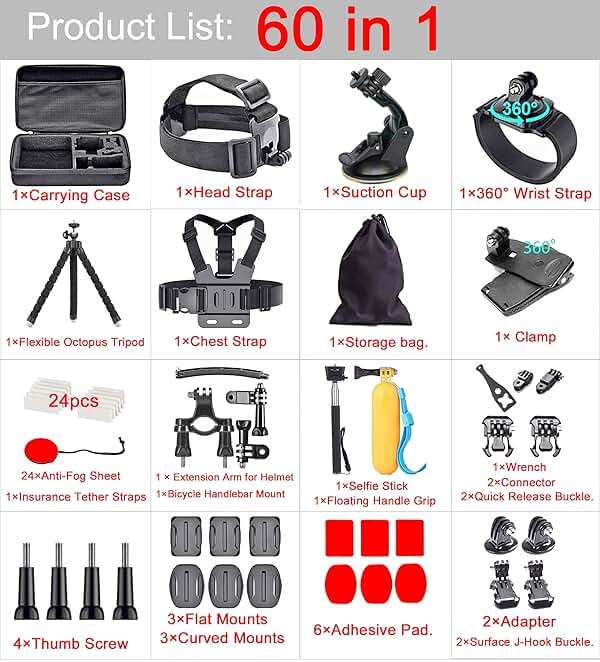 60 in 1 Camera Accessories Kit Compatible with GoPro Hero 13 12 11 10 9 8 7 6 /Session 5/Hero 4/3+/3/2/1, Insta360, DJI Osmo Action, AKASO, APEMAN, Campark, SJCAM - Image 2