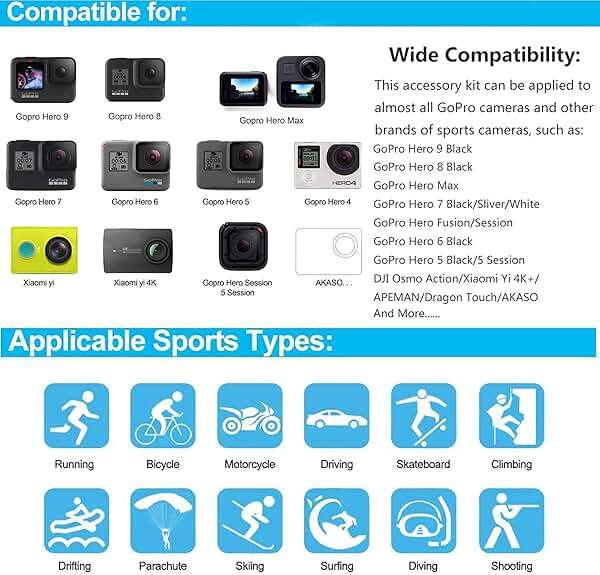 60 in 1 Camera Accessories Kit Compatible with GoPro Hero 13 12 11 10 9 8 7 6 /Session 5/Hero 4/3+/3/2/1, Insta360, DJI Osmo Action, AKASO, APEMAN, Campark, SJCAM - Image 6