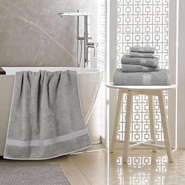 Amazon Basics 6-Piece Fade-Resistant 100% Cotton Towel Set for Bathroom, Soft and Absorbent, 2 Bath Towels, 2 Hand Towels, 2 Washcloths, Gray - Image 2