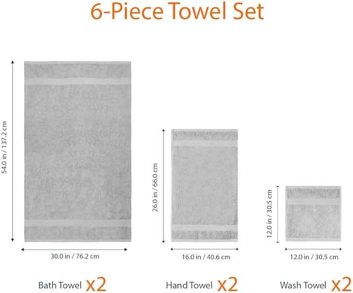 Amazon Basics 6-Piece Fade-Resistant 100% Cotton Towel Set for Bathroom, Soft and Absorbent, 2 Bath Towels, 2 Hand Towels, 2 Washcloths, Gray - Image 3