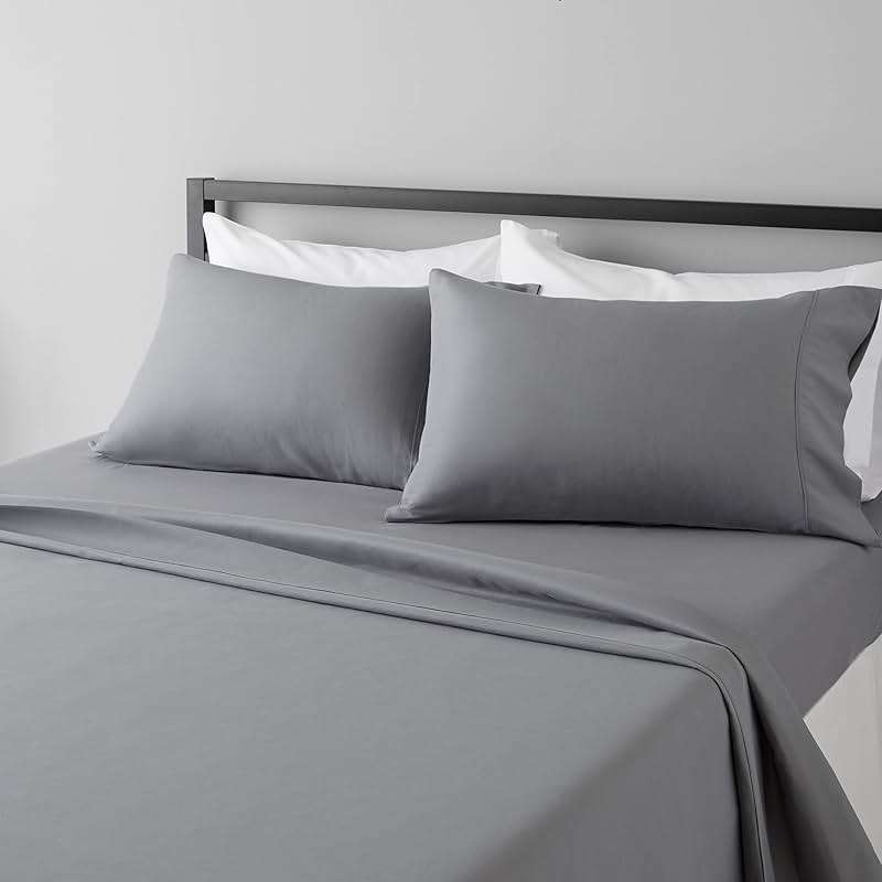 Amazon Basics Lightweight Super Soft Comfortable Breathable Wrinkle Resistant Brushed Microfiber 4-Piece Bed Sheet Set with 14-Inch Deep Pockets, Queen, Dark Gray, Solid - Image 1
