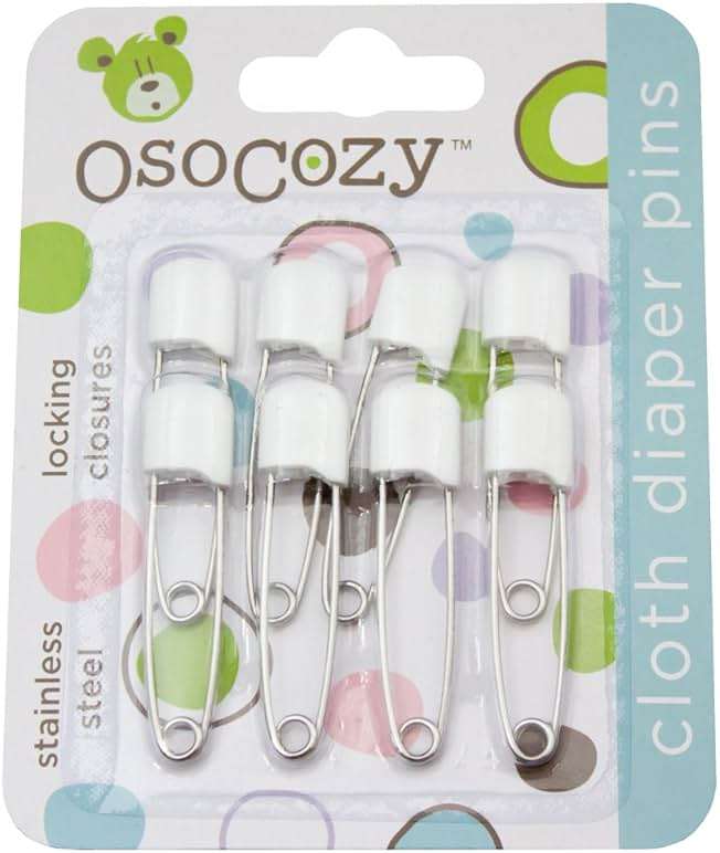 OsoCozy Diaper Pins - {White} - Sturdy, Stainless Steel Diaper Pins with Safe Locking Closures - Use for Special Events, Crafts or Colorful Laundry Pins , 8 Count (Pack of 1) - Image 1