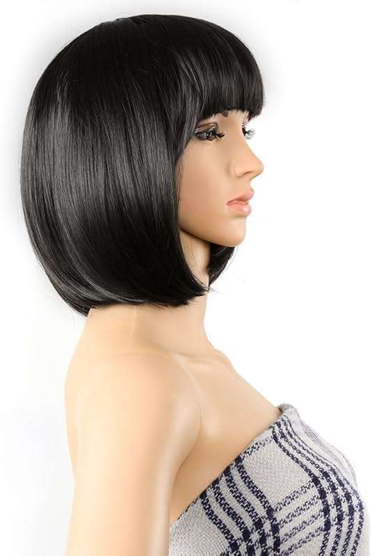 AGPTEK 13 Inches Straight Heat Resistant Short Bob Hair Wigs with Flat Bangs for Women Cosplay Daily Party - Black - Image 1