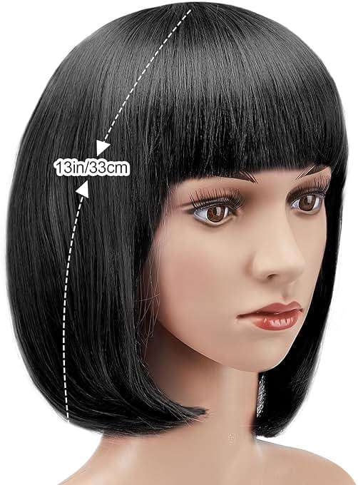 AGPTEK 13 Inches Straight Heat Resistant Short Bob Hair Wigs with Flat Bangs for Women Cosplay Daily Party - Black - Image 8