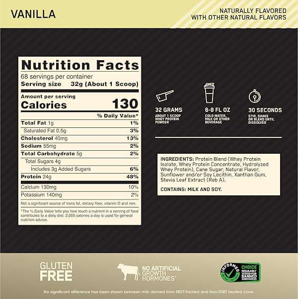 Optimum Nutrition Gold Standard 100% Whey Naturally Flavored Protein Powder 4.8 (Packaging May Vary), Vanilla, 76.8 Ounce - Image 3