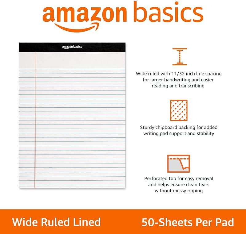 Amazon Basics Wide Ruled Lined Writing Note Pads for Office Supplies, 8.5" x 11.75", White, 12-Pack of 50 Perforated Sheets - Image 3