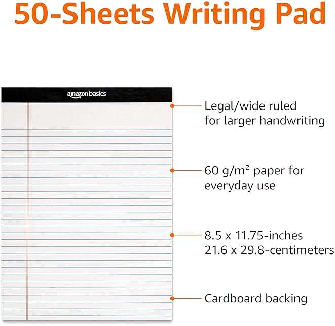 Amazon Basics Wide Ruled Lined Writing Note Pads for Office Supplies, 8.5" x 11.75", White, 12-Pack of 50 Perforated Sheets - Image 5