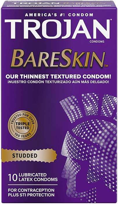 Trojan Bareskin Studded Latex Lubricated Thin Condoms for Men, Bulbous Shape, Studded Texture, Premium Latex to Help Reduce Risk of Pregnancy and Sexually Transmitted Infections (STIs), 10 Count - Image 1