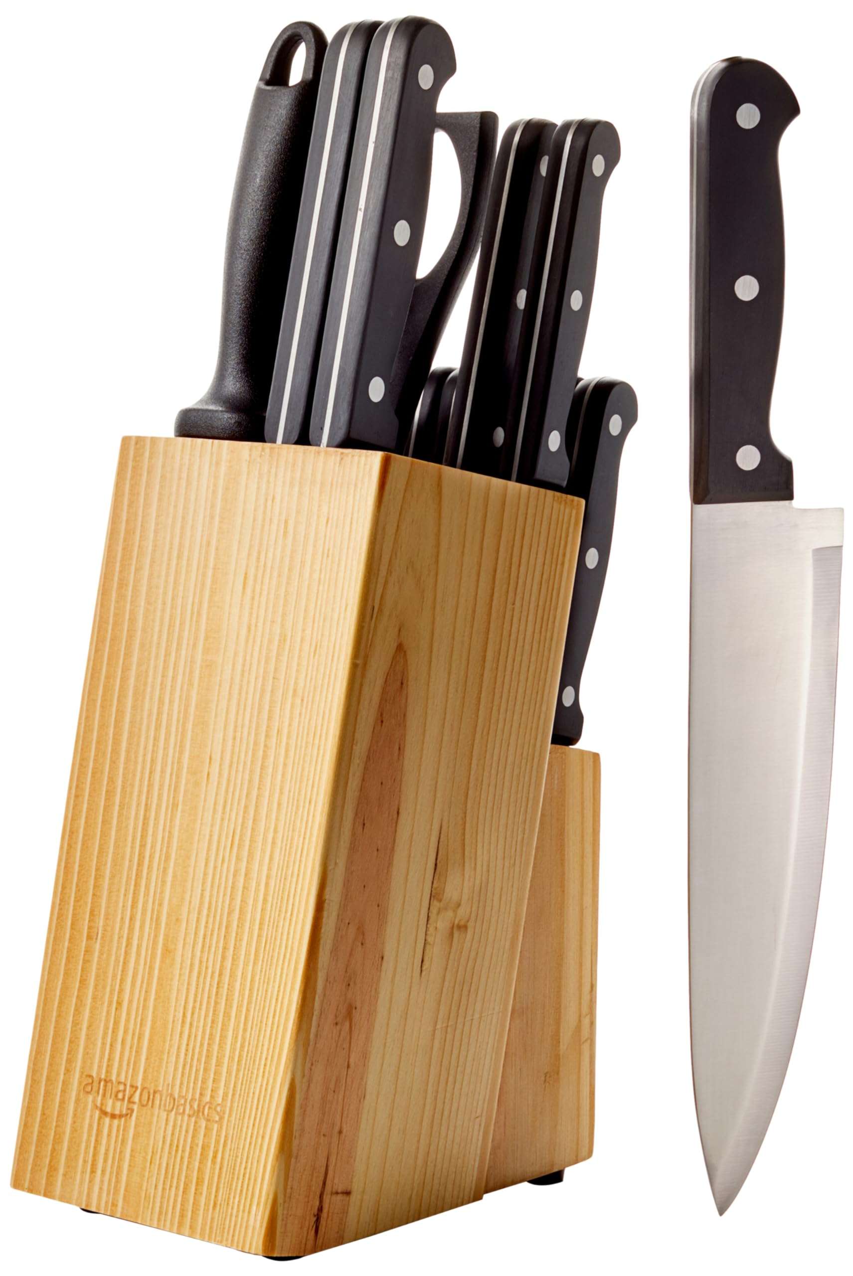 Amazon Basics 14-Piece High Carbon Stainless Steel Kitchen Knife Set with Full Tang Construction, Ergonomic Handles, Sharpener and Pinewood Block, Black - Image 1