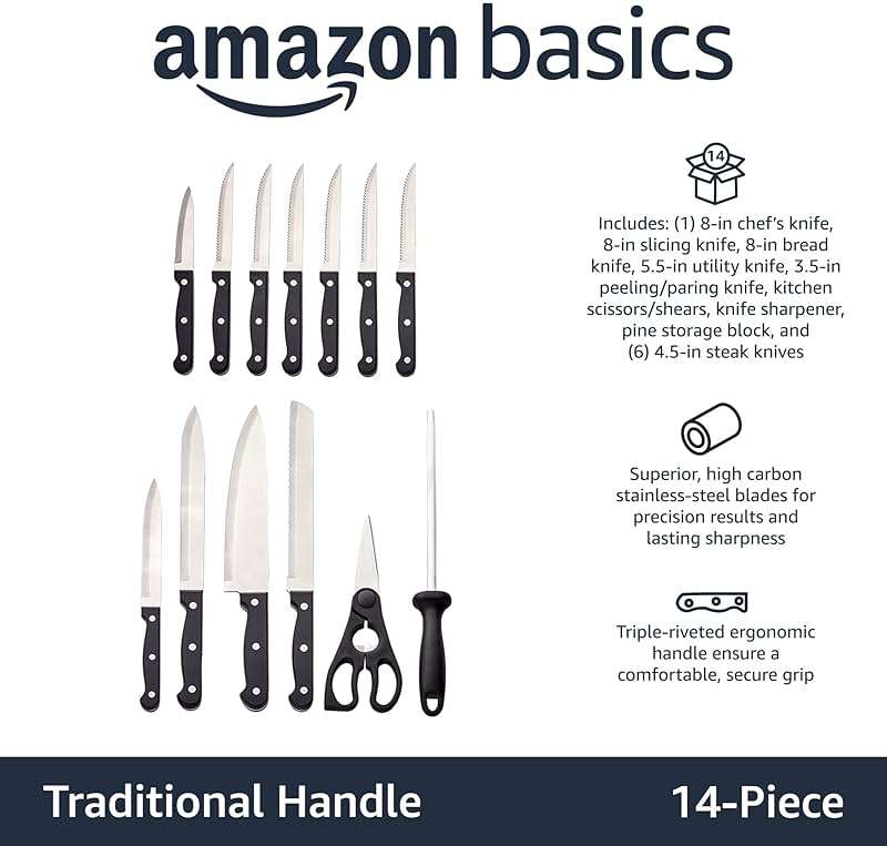 Amazon Basics 14-Piece High Carbon Stainless Steel Kitchen Knife Set with Full Tang Construction, Ergonomic Handles, Sharpener and Pinewood Block, Black - Image 4