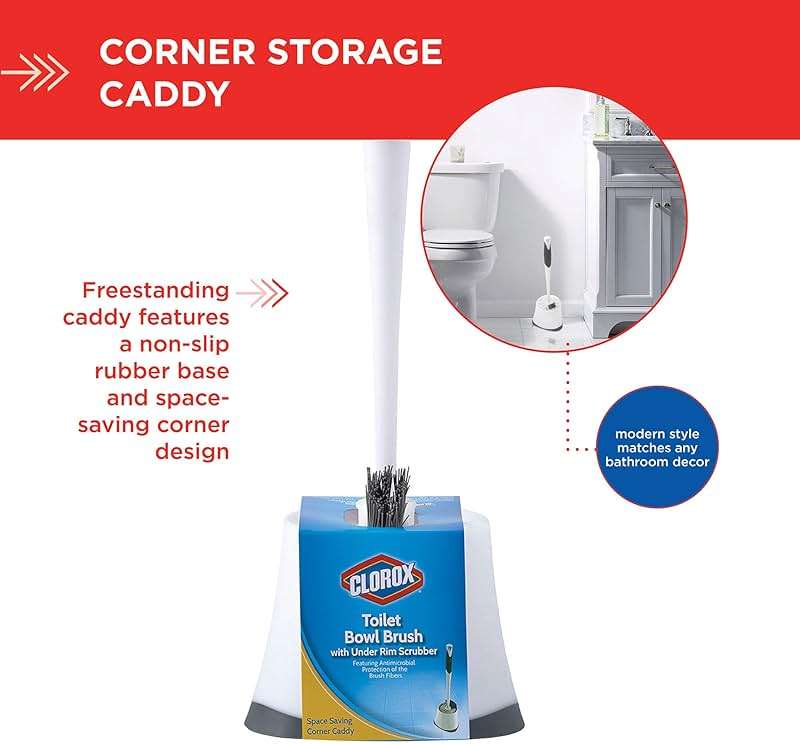 Clorox Corner Toilet Bowl Brush with Under Rim Scrubber, Includes Corner Storage Caddy, White - Image 7