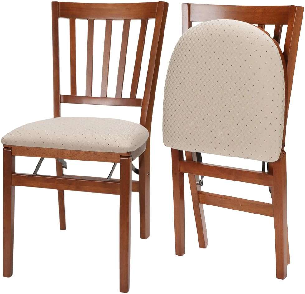 MECO Stakmore Premium Solid Wood Dining Table Compact Folding Chair Set with Blush Fabric Padded Upholstered Seat, Fruitwood (Set of 2) - Image 1