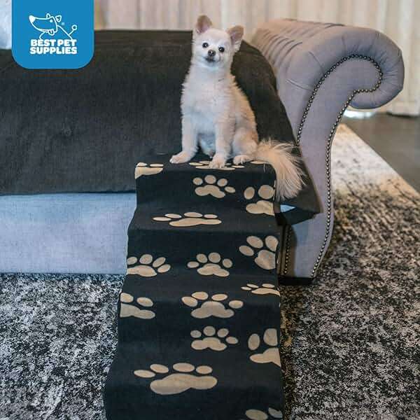 Best Pet Supplies Dog Stairs & Steps - Foam Steps for Small Dogs & Cats, Non-Slip Indoor Balanced Pet Step Support, Dog Ramp, No Assembly, Paw Print on Black, 4-Step (18-inch Height) - Image 4