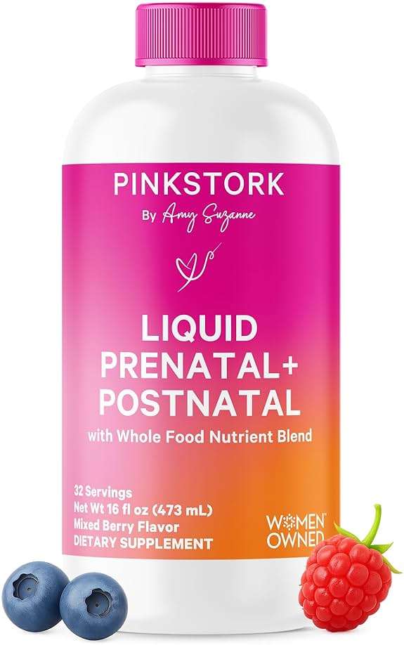 Pink Stork Liquid Prenatal Vitamins for Women - Berry Flavor Organic Food Blend - Fertility, Pregnancy, Postpartum Essentials - Morning Sickness Support - Breastfeeding & Lactation - 32 Servings - Image 1