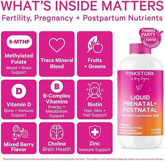 Pink Stork Liquid Prenatal Vitamins for Women - Berry Flavor Organic Food Blend - Fertility, Pregnancy, Postpartum Essentials - Morning Sickness Support - Breastfeeding & Lactation - 32 Servings - Image 2