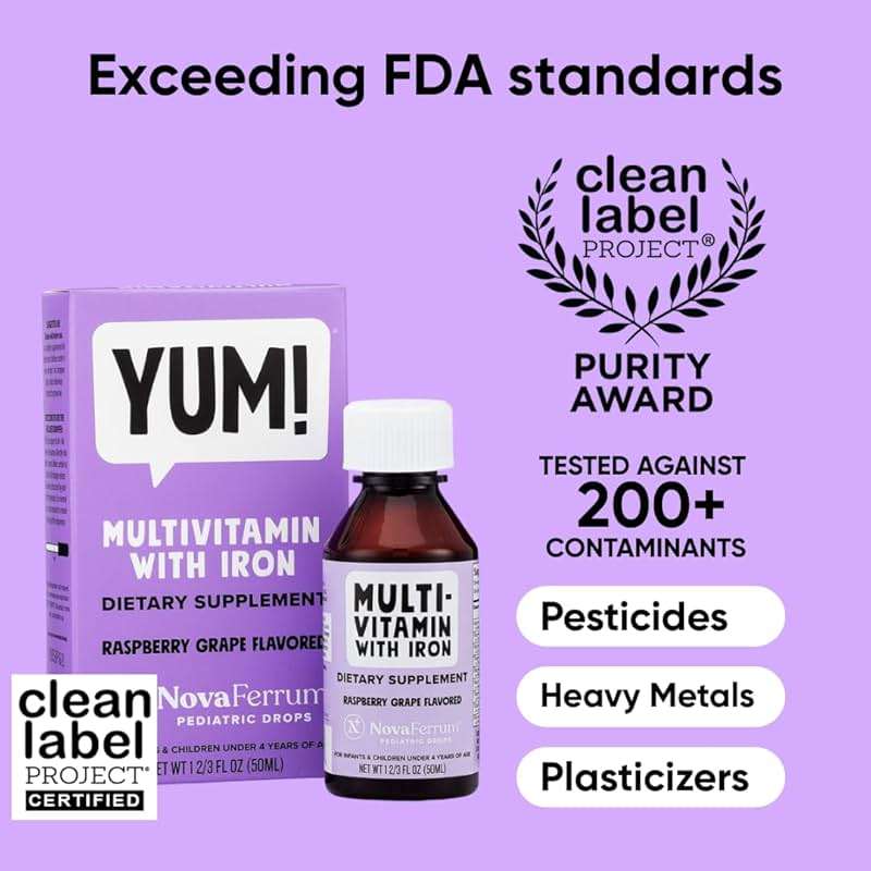 NovaFerrum Yum | Multivitamin with Iron for Infants, Toddlers & Kids Ages 4 & Under | Immune Support | Gluten Free Certified | Sugar Free | Raspberry Grape | 50 Servings - Image 2