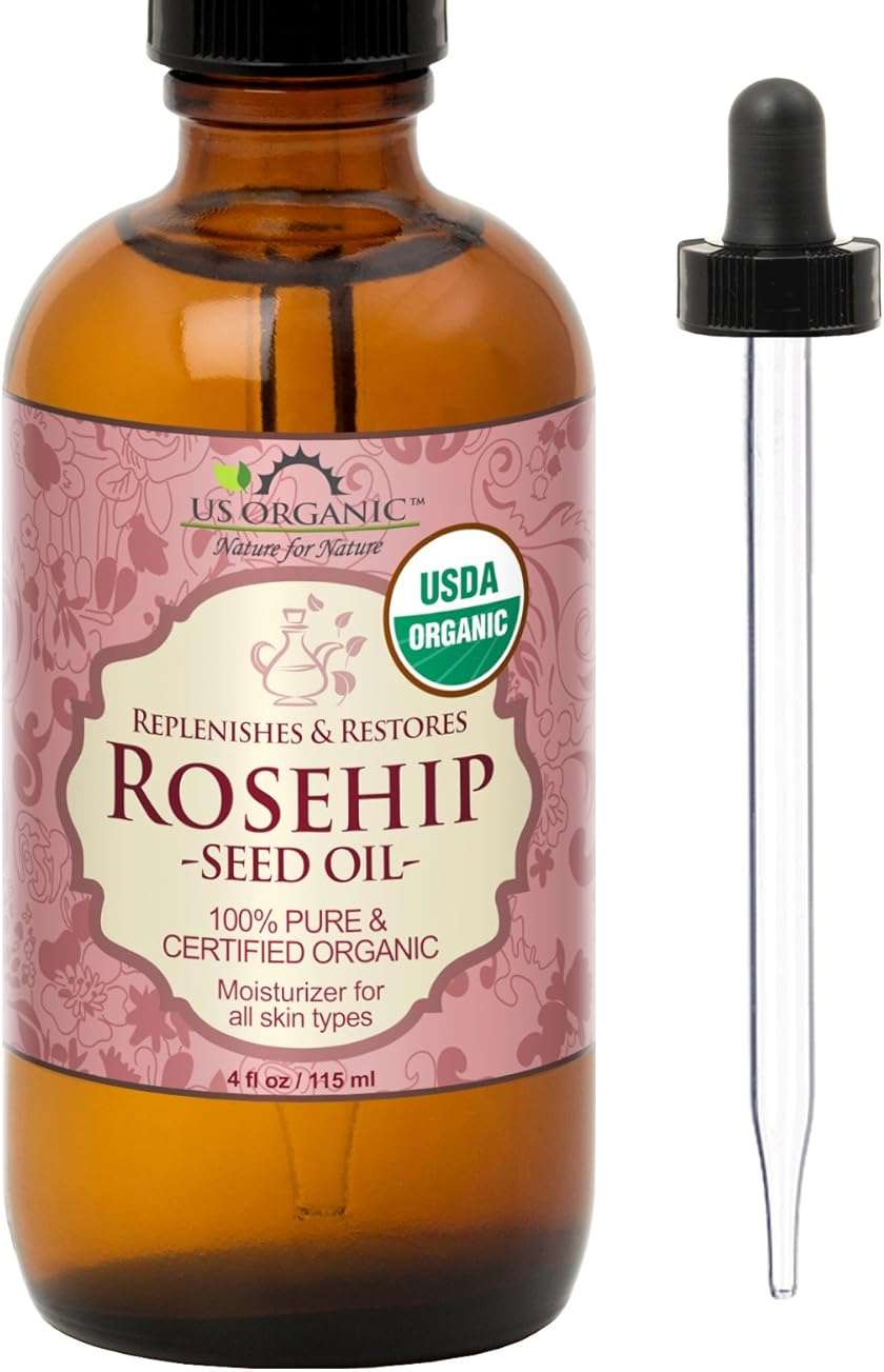 US Organic Rosehip Seed Oil, USDA Certified Organic, Cold Pressed, Virgin Organic, Amber Glass Bottle and Glass Eyedropper for Easy Application - 4 oz (115 ml) - Image 1